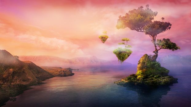 Fantasy landscape with a mountain lake and trees on the flying islands. 3D render.
