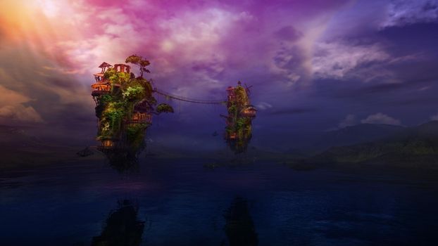 Fantastic landscape with a lake and inhabited flying islands under the sunbeams. 3D render.