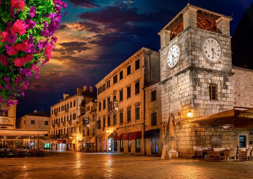 Flowers near Clock Tower in Kotor at night