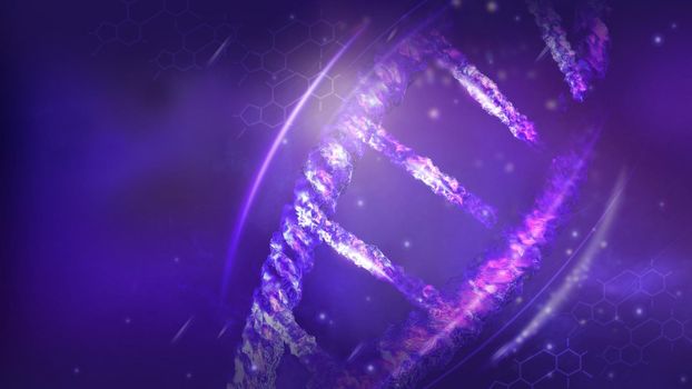 Computer model of DNA structure close-up in violet colors. 3D render.