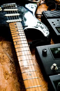 Close up instruments music background concept,Guitar and studio equipment