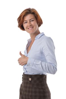 Happy smiling businesswoman with thumbs up gesture, isolated on white background