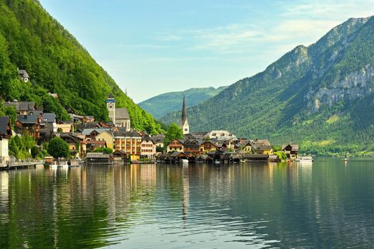 Hallstatt landscape. Beautiful mountain village in the Austrian Alps. Scenic picture - postcard view