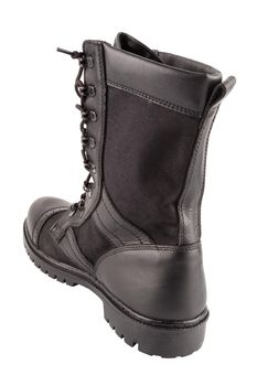 new black lightweight military boot isolated on white background, standing vertically, view from back.