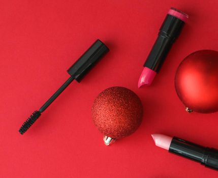 Cosmetic branding, fashion blog cover and girly glamour concept - Make-up and cosmetics product set for beauty brand Christmas sale promotion, luxury red flatlay background as holiday design