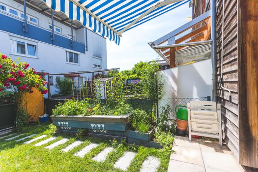 Cozy little green garden with raised bed and veranda, summer time