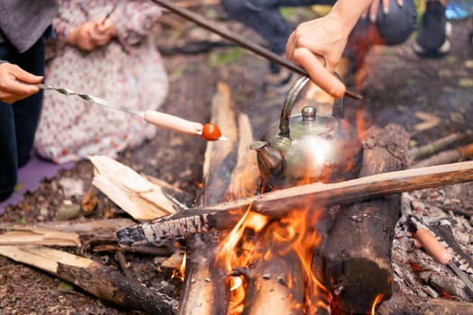 Teapot Sauasge Grilled Campfire On Nature Picnic Bonfire Preparing Food Forest Hiking