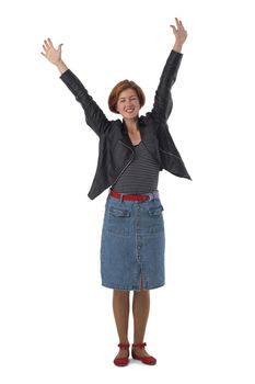 Woman raises her arms overhead in joy isolated on white background