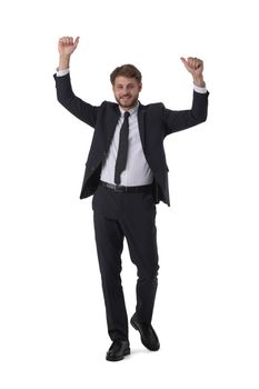 Smiling businessman holding arms raised isolated on white backcground