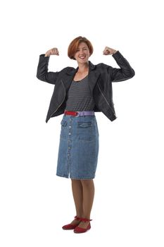 Strong powerful happy woman, toothy smile, raises arms and shows biceps, wears casual clothes isolated on white background. Look at my muscles! concept