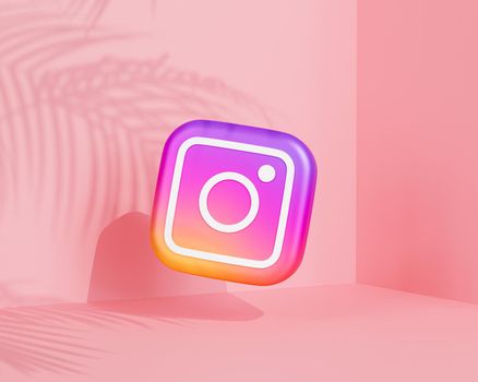 Melitopol, Ukraine - June 01 2021:  Instagram logo icon, photography social media app, pink background with tropical leaves shadows, 3d render