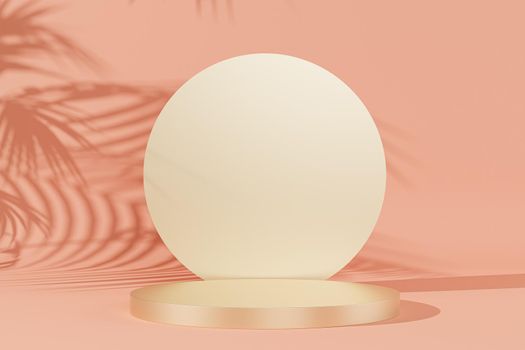 Golden podium or pedestal for products or advertising on peach pink background with leaves shadows, 3d illustration render