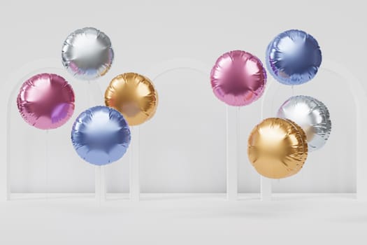 Shiny colorful balloons with white arches, background for party, birthday, celebration or holiday, 3d realistic render