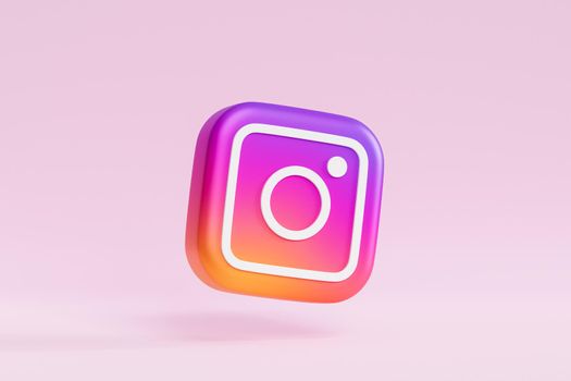 Melitopol, Ukraine - May 27 2021: Instagram logo icon, photography social media app, pink beige background, 3d render