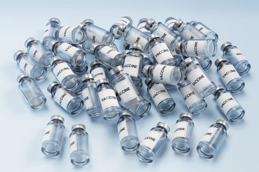 Stattered pile of vaccine ampoule glass bottles with label isolated on bright background, 3d rendering