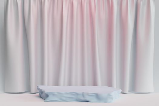 Stone podium or pedestal for products or advertising on pastel blue and pink background with curtains, minimal 3d illustration render