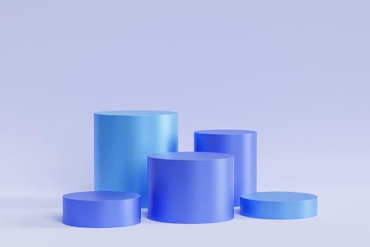 Blue podiums or pedestals for products or advertising on pastel background, minimal 3d illustration render