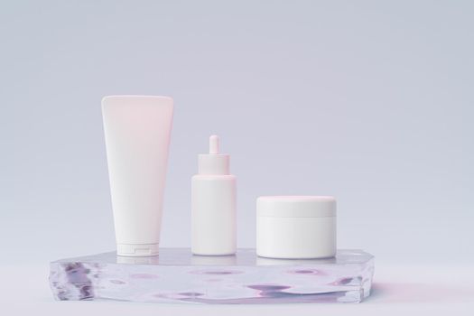 Mockup dropper bottle, lotion tube and cream jar for cosmetics products or advertising on glass podium, 3d illustration render