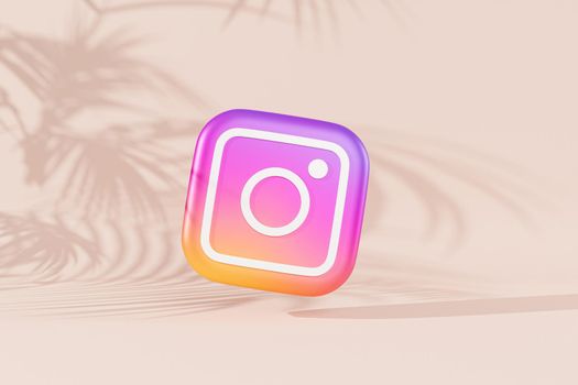 Melitopol, Ukraine - May 26 2021:  Instagram logo icon, photography social media app, beige background with tropical leaves shadows, 3d render