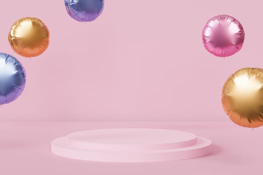 Podium or pedestal for products or advertising with shiny balloons on pink pastel background, 3d render