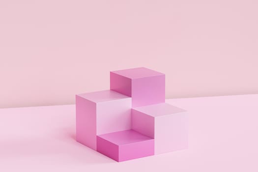Pink square podiums or pedestals for products or advertising on pastel background, minimal 3d illustration render