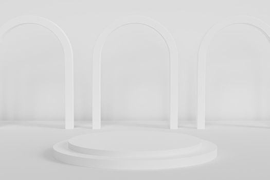 Podium or pedestal for products or advertising on white background with arch, minimal 3d render