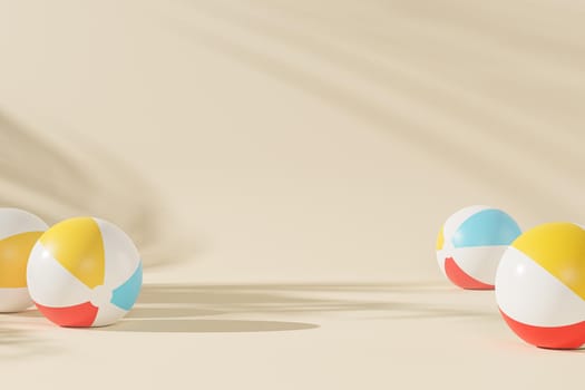 Summer beige background with inflatable beach balls, copy space, minimal 3d illustration render