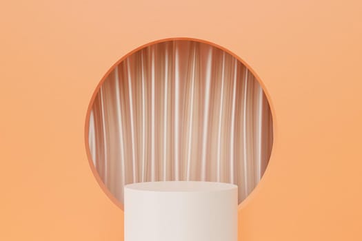 Beige podium or pedestal for products or advertising on pastel orange background with curtains in round cutout, 3d render