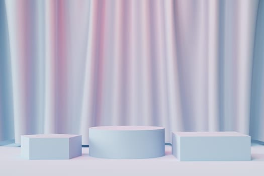 Geometric podiums or pedestals for products or advertising on neutral blue and pink background with curtains, minimal 3d illustration render