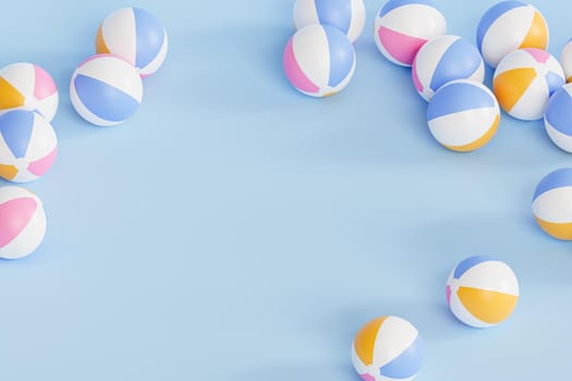 Summer copy space background with inflatable beach balls, minimal 3d illustration render