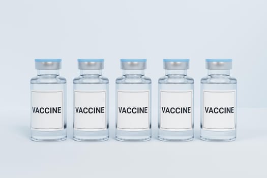 Vaccine ampoule glass bottles with label isolated on bright background, 3d rendering