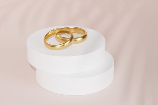 Two golden wedding rings on white podium or pedestal, beige background with leaf shadow, 3d render