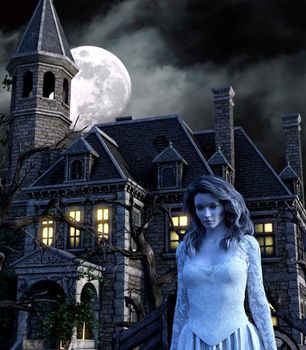 Scary ghost woman in an old haunted house at night - 3d rendering