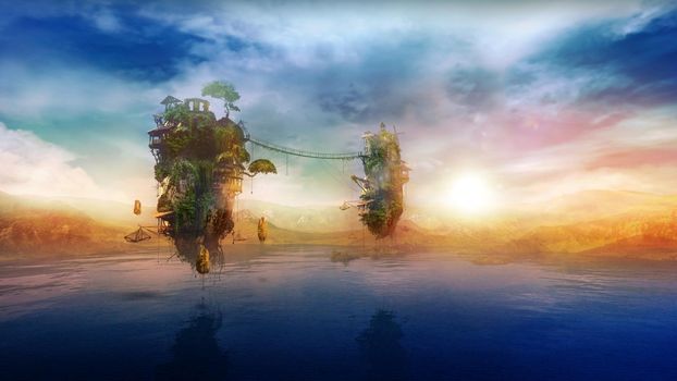 Fantastic landscape with flying islands over a mountain lake against the backdrop of the rising sun. 3D render.