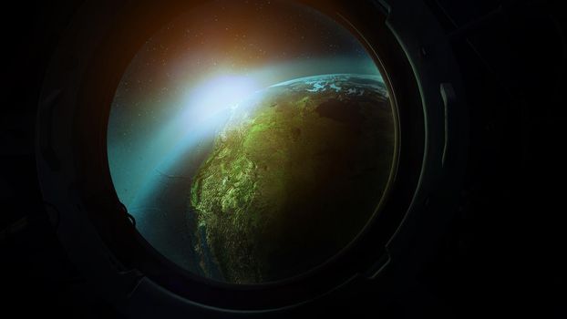 A globe is visible in the porthole of a spaceship.