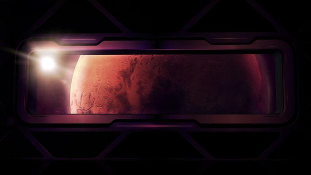 The red planet is visible from the window of a spaceship flying to Mars.