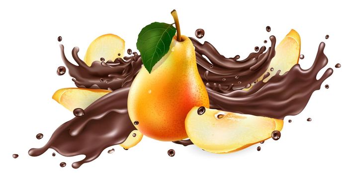 Whole and sliced pears and a splash of liquid chocolate on a white background. Realistic style illustration.