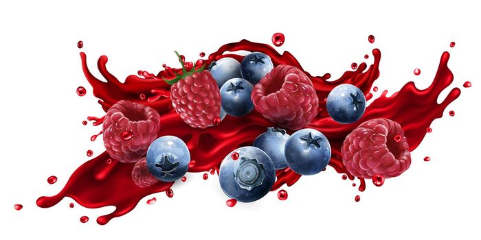 Fresh blueberries and raspberries in a splash of fruit juice on a white background. Realistic style illustration.