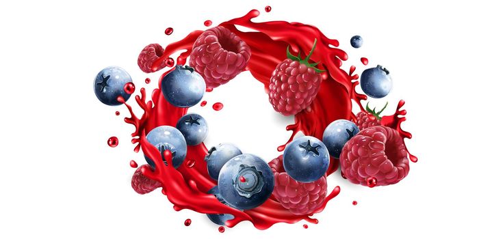 Fresh blueberries and raspberries and a splash of red fruit juice on a white background. Realistic style illustration.