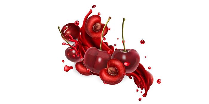 Whole and sliced cherries and a splash of fruit juice on a white background. Realistic style illustration.