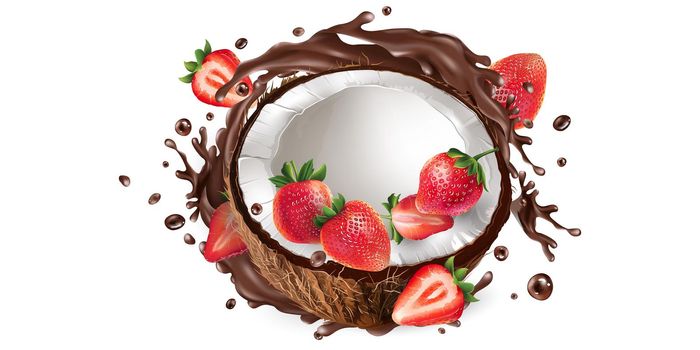 Fresh coconut with strawberries and a splash of liquid chocolate on a white background. Realistic style illustration.
