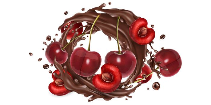 Fresh cherries and a splash of liquid chocolate on a white background. Realistic style illustration.
