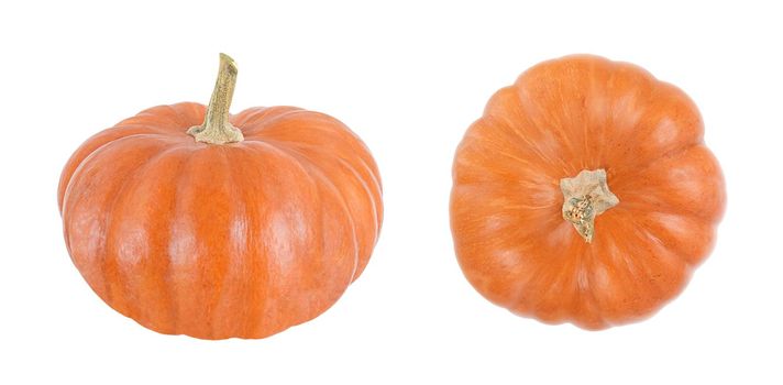 Orange pumpkin with side and top view isolated on white background.