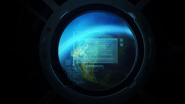 View of a globe from a spaceship porthole and a virtual projection of data.