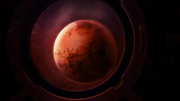 View of the planet Mars from the porthole of a flying spaceship.