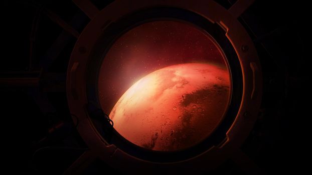 View of the planet Mars from the porthole of a flying spaceship.