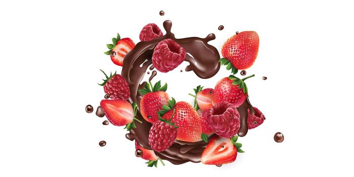 Fresh strawberries and raspberries in chocolate splashes on a white background. Realistic style illustration.