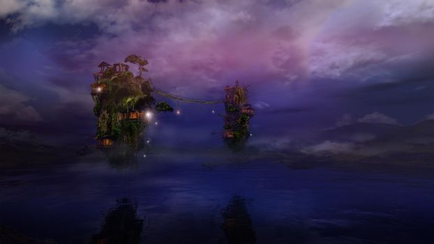 Magical night landscape with flying islands over the lake. 3D render.