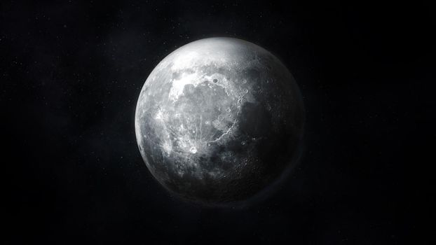 View of the realistic moon in dark gray colors against the background of outer space.