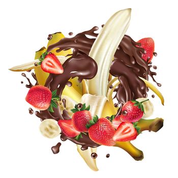 Ripe bananas, strawberries and a splash of liquid chocolate on a white background. Realistic style illustration.